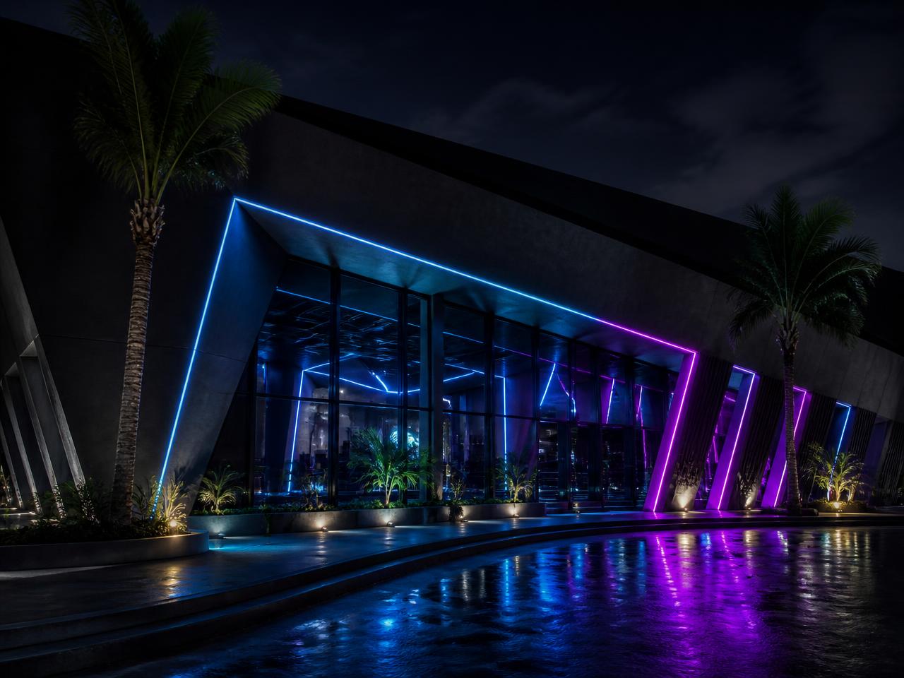 Facade nocturne du centre avec neons cyan et violet