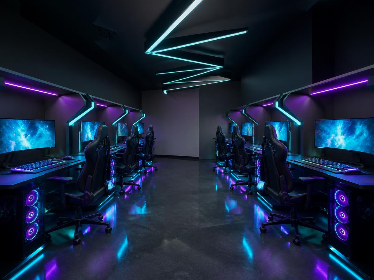 Rangees de postes PC de jeu avec eclairage cyan et violet
